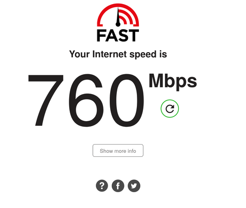 Speed test results showing 760 Mbps
